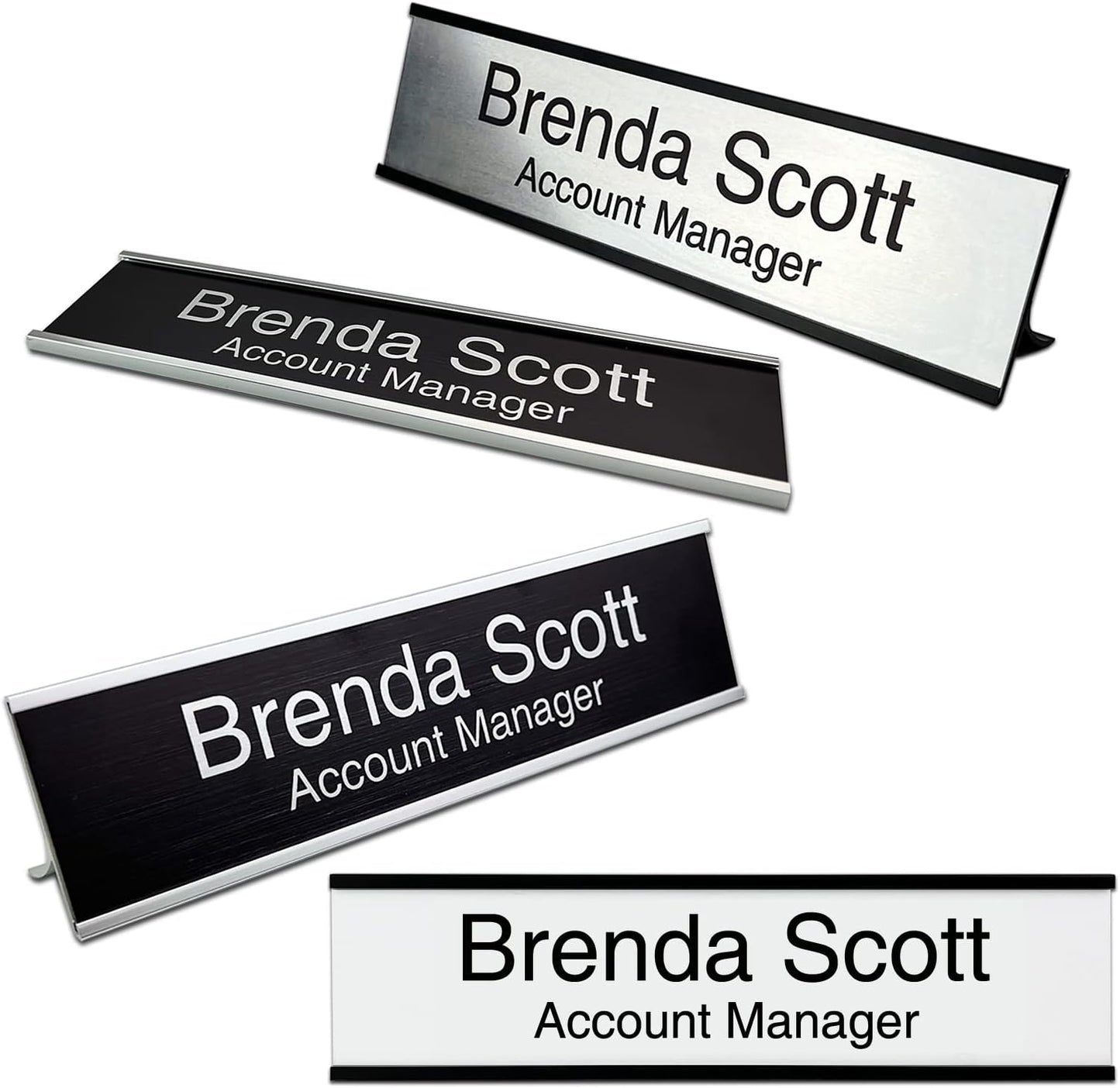 2" x 8" Personalized Aluminum Name Plates, Custom Office Desk or Wall Name Plates with Two Lines of Custom Texts, Three Name Plate Colors Silver, White, Black, Holders are Optional