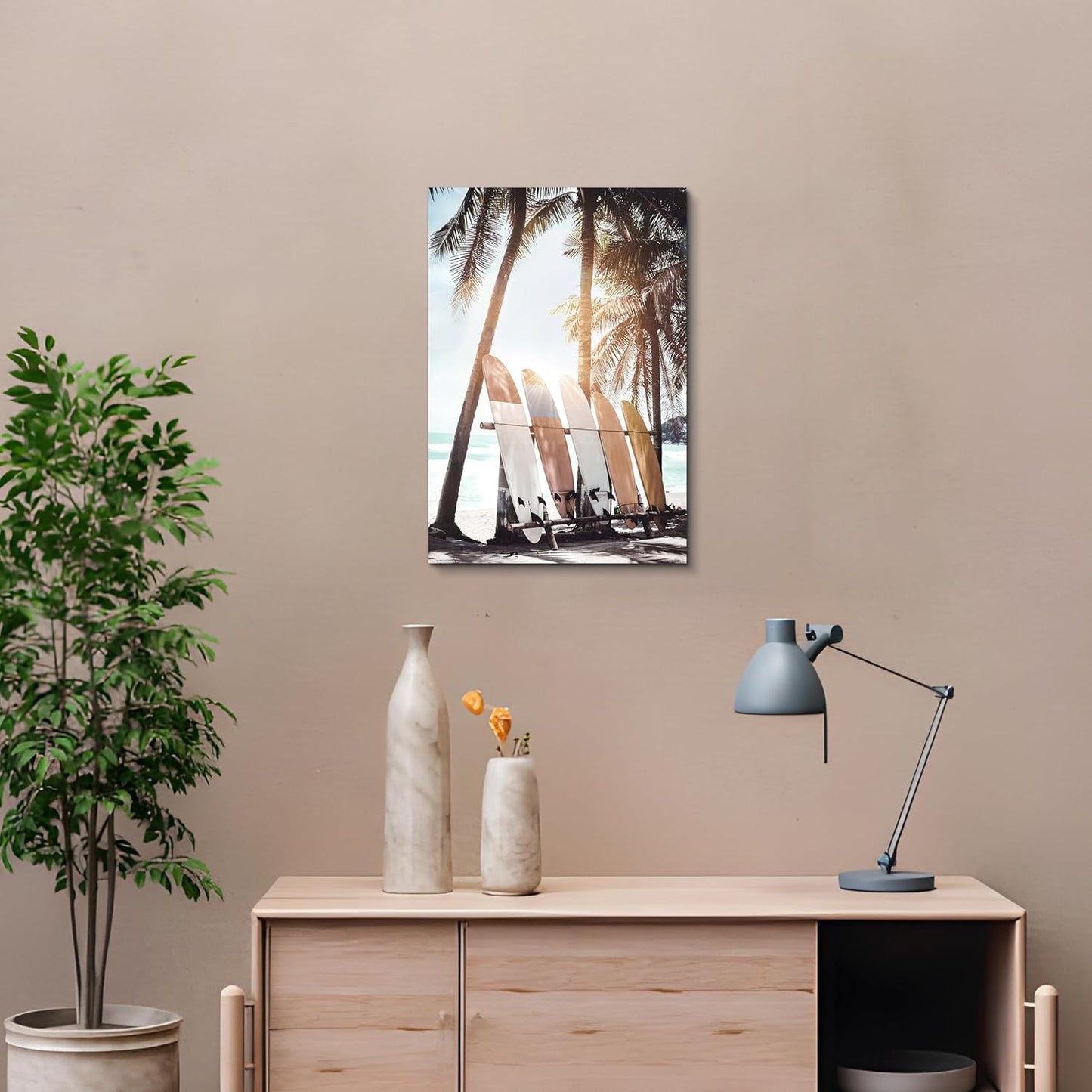 Hardy Gallery Palm Tree Wall Art Surfboard Pictures: Beach Scene Painting Coastal Wall Decor Seaside Artwork Surfing Ocean Print in Beach Canvas for Bathroom 16"x11"