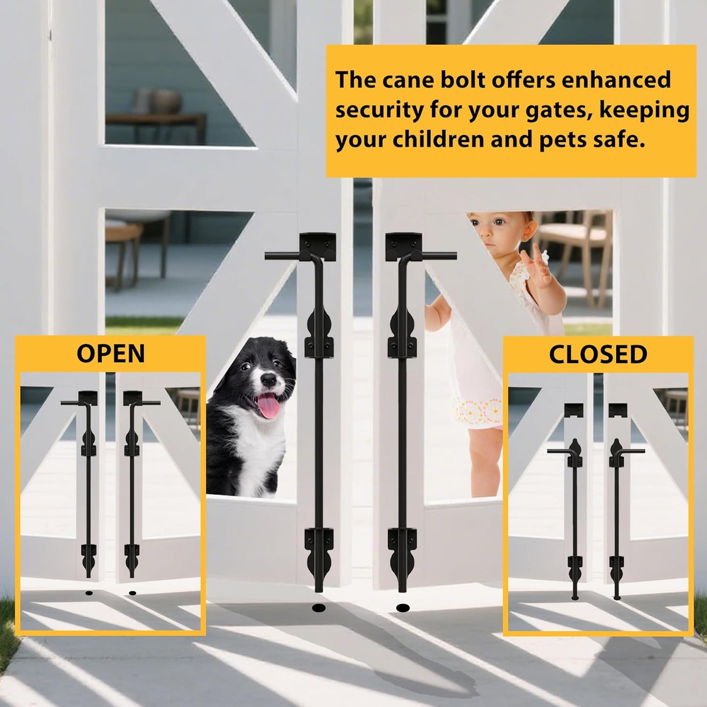 24" Heavy Duty Cane Bolts for Gates with Black Rustproof Powder Upgraded Hardware Gate Drop Rod for Wood PVC Vinyl Fences Gates, Double Doors-2 Pack