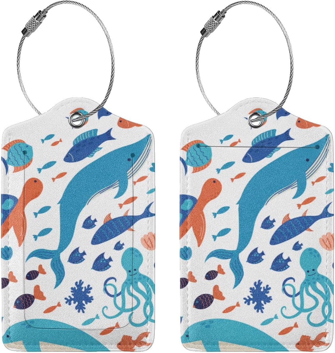 2 Pcs Underwater Ocean Sea of Animals Luggage Tags for Suitcases, Graffiti on Drawn of Marine Creatures Tags Birthday Gifts for Men Women Boy Girl Kid