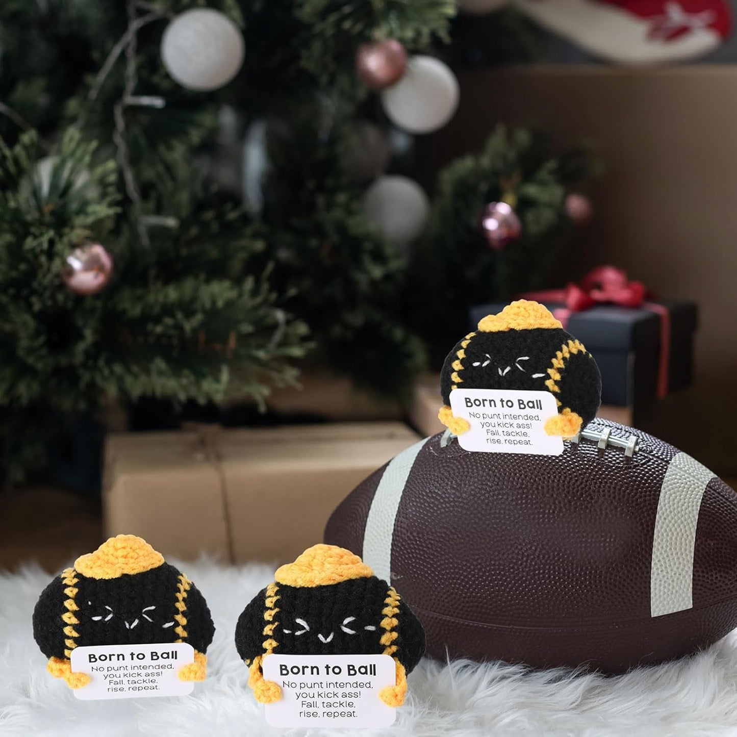 12pcs Funny Football Gifts for Team Bulk Soccer Balls with Motivational Cards Positive Handmade Mini Crochet Team Gift for Coach Women Men Coworker Birthday Christmas Party Favors