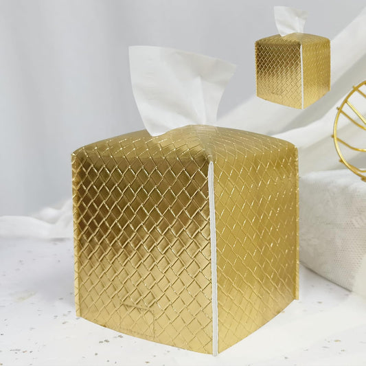 HOMOTEK 2 Pack Tissue Box Cover, Square PU Leather Tissue Holder, Decorative Facial Tissue Cube Paper Organizer Dispenser for Bathroom, Night Stands, Desk, Car 5X5X5'' - Woven Waffle, Brass