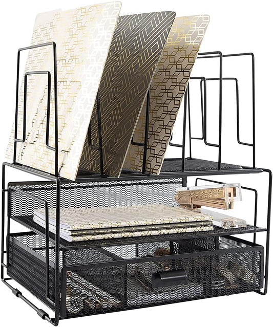 BLU MONACO Black Desk Organizer with File Sorters & Drawer | Metal Mesh Workspace Storage Rack | Desktop Organizer for Office Supplies, Papers & Folders | Multi-Compartment Desk Organization System