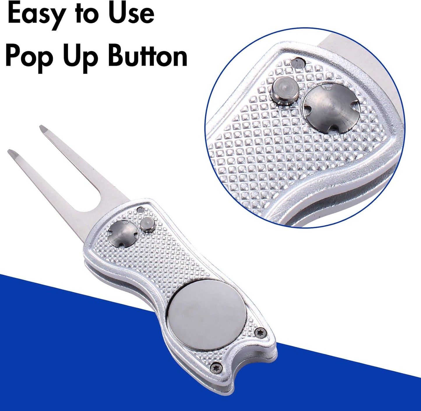 2 Pack Metal Foldable Golf Divot Tool with Pop-up Button & Magnetic Ball Marker (Pack of 2, Fish Design)