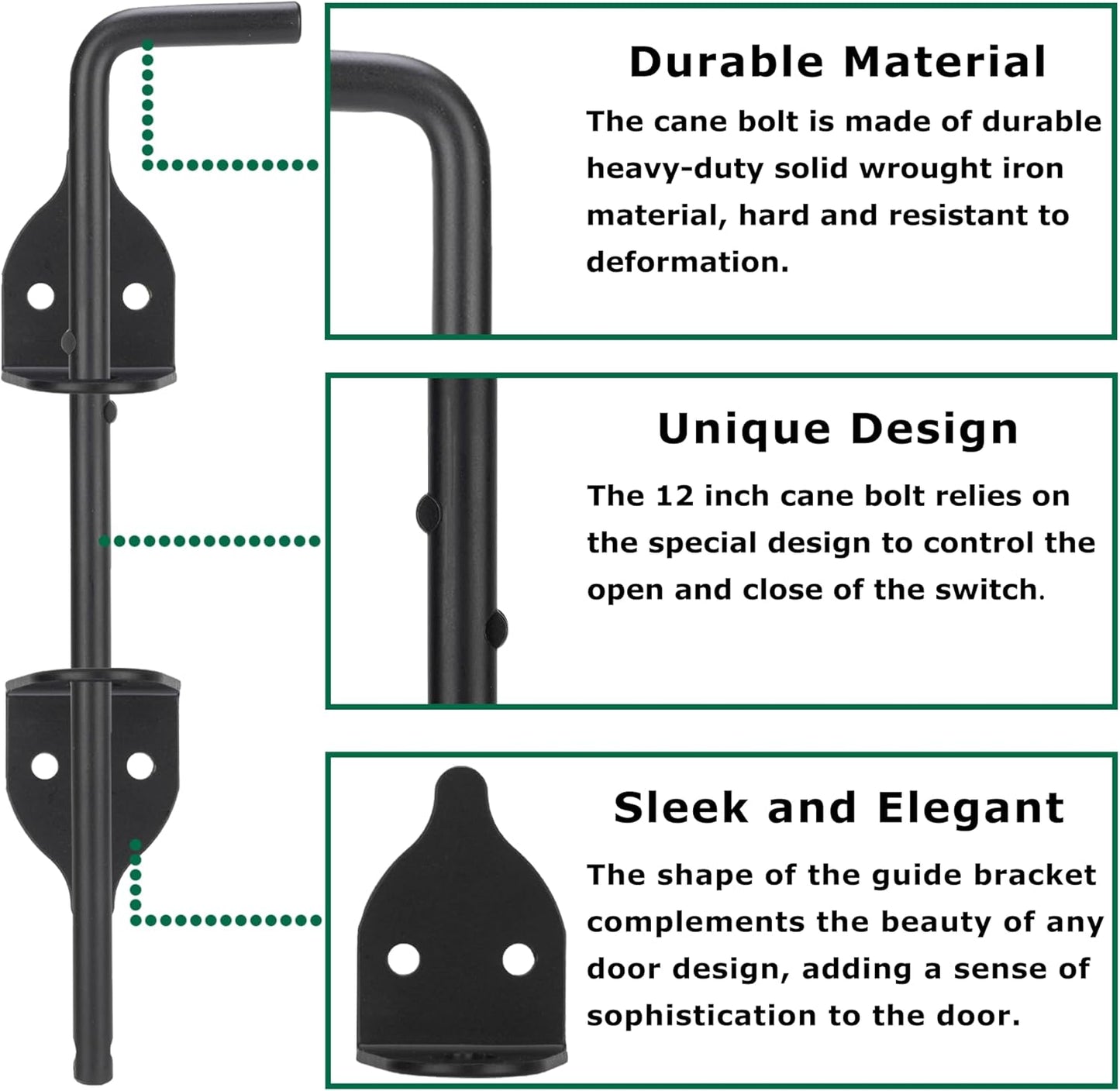 12" Heavy Duty Cane Bolt, Double Gate Latch with Black Finish, 2 Way Gate Drop Rod for Wood PVC Vinyl Metal Fences Gates, Double Doors-2 Pack
