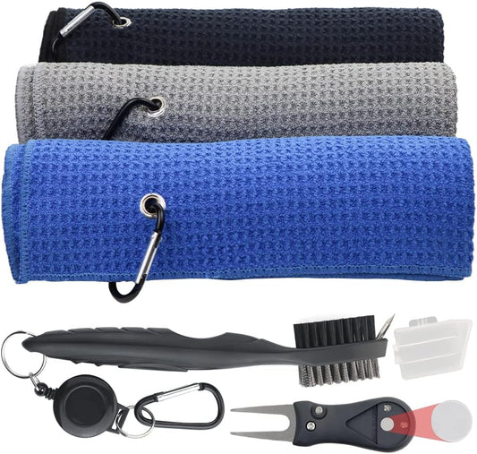 Golf Towel Set - 3 Microfiber Waffle Pattern Golf Towels & Club Brush & Divot Repair Tool, Accessories for Men & Women