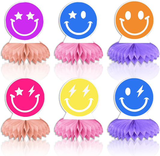 6Pcs Smiley Face Birthday Decorations Honeycomb Centerpieces Supplies Pastel Smiley Face Centerpieces Party Favors Preppy Birthday Decorations