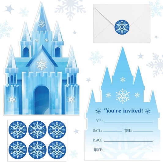 30 Sets Snowflake Castles Christmas Birthday Invitations with Envelopes Stickers Winter Snow Themed Invitations for Girl Kids Birthday Party Supplies Decoration