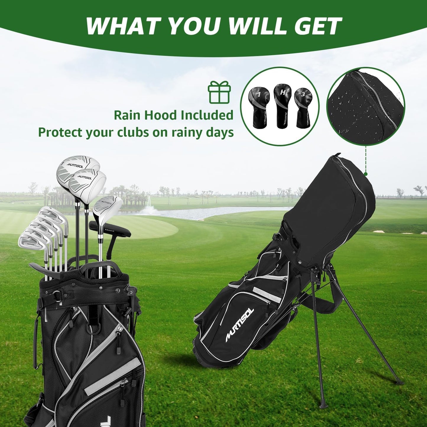 10 Pieces Golf Clubs Full Set Mens Right Hand,Golf Set Includes Stand Bag with Rain Hood, 1#Driver 3#Wood #5 Hybrid,with 3 Head Covers, 6# 7# 8# 9# PW# Irons and Putter