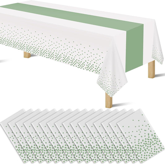 16 Pack 2in1 Disposable Plastic Tablecloths 54" x 108" White and Sage Green Dot Party Table Cloth Rectangle Table Cover for Wedding Birthday Baby Shower Anniversary Christmas New Year Party Decoration