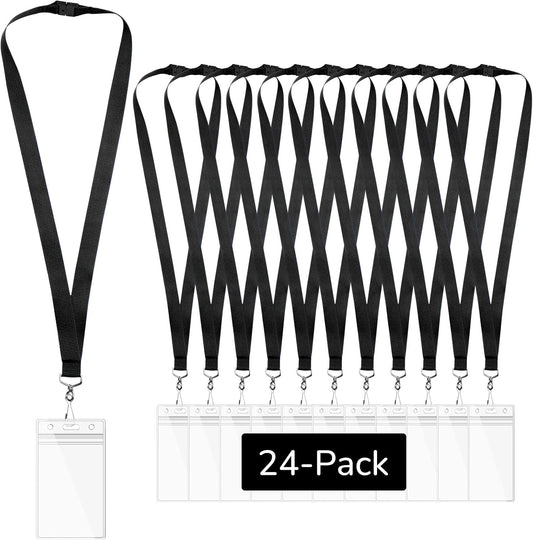 24-Pack Black Breakaway Lanyards with Waterproof Badge Holders, Polyester Neck Straps for ID Cards, Events, Office, and Schools