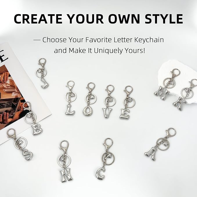 Gold Bubble Heart, Bow & More Designs Letter Initial Keychain Bag Charms – Cute - Image 6