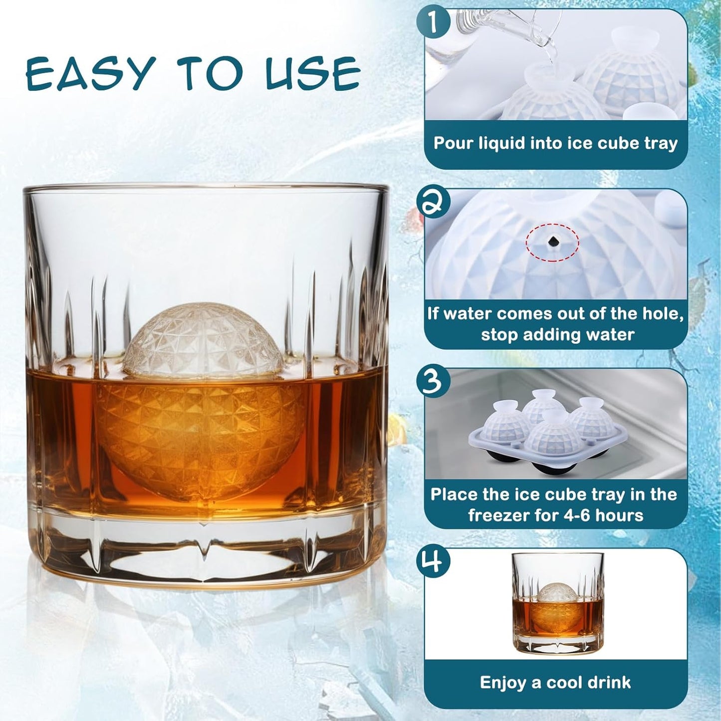 Hoolerry 2 Pcs Silicone Ice Cube Tray Large Square Sphere Golf Ice Tray 4 Hole Fun Shapes Big Ices Cube Mold with Funnel for Whiskey Cocktails Bourbon Chilling White Elephant Gifting(Round)