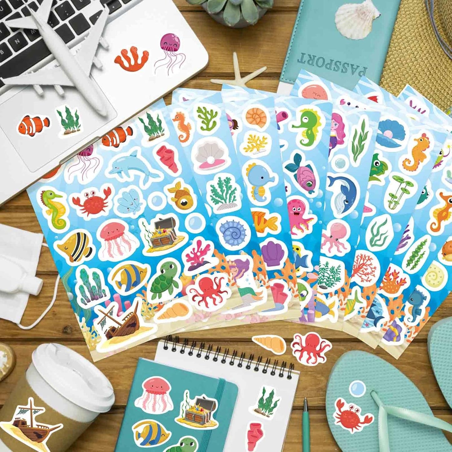 24 Sheets Ocean Stickers for Kids, Sea Animal Adhesive Waterproof Stickers, Mermaid Tropical Fish Shark Sticker, Under The Sea Animal Beach Sticker for Ocean Party Favors