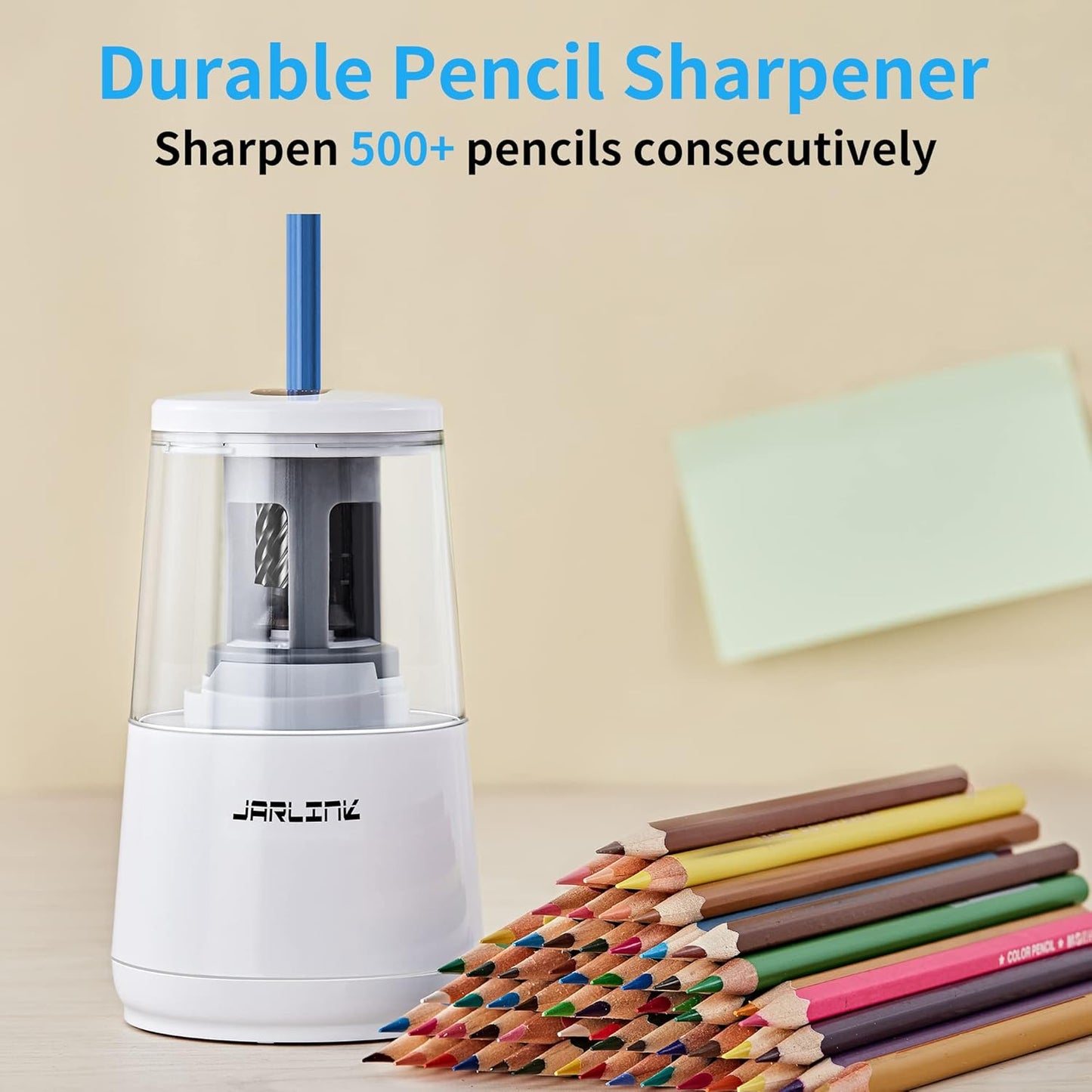 JARLINK Electric Pencil Sharpener, Heavy-Duty Helical Blade to Fast Sharpen, Auto Stop for No.2/Colored Pencils(6-8mm), AC Adapter/Battery Operated in School Classroom/Office/Home (White)