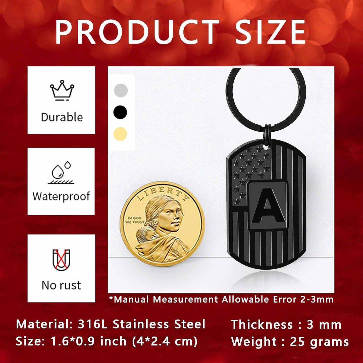 Initial Keychain Gifts for Men,A-Z Letter American Flag Dog Tag Stainless Steel Keychain,Mens Accessories Gift