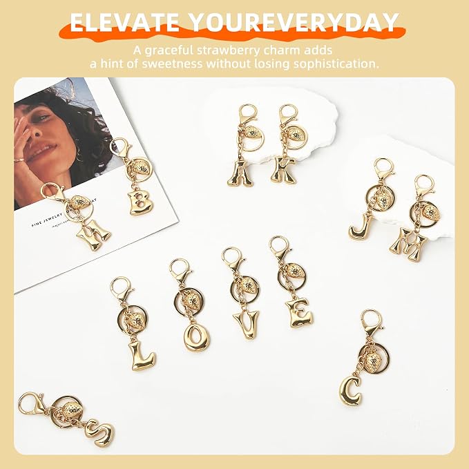 Gold Bubble Heart, Bow & More Designs Letter Initial Keychain Bag Charms – Cute - Image 6