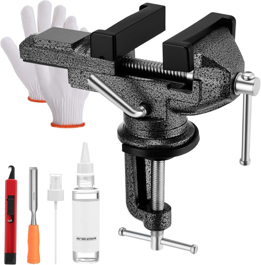 Golf Grip Kit for Regripping Golf Clubs, golf regripping kit include Portable Table 360 Swivel Vise with Rubber Clamp, Grip Removal Tool, 13 pcs Tapes Strips, Solvent Tapes for DIY Pro Club Repair