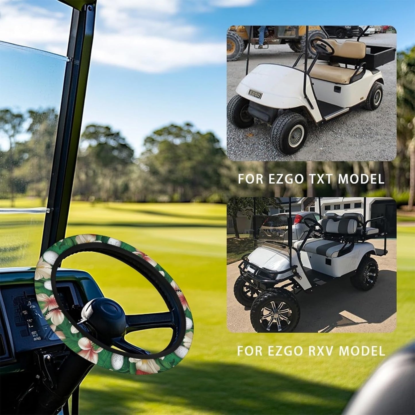 Hibiscus Golf Cart Steering Wheel Cover Golf Ball Golf Cart Steering Wheel Covers for Club Car Universal Fit Boat Steering Wheel Cover Accessories
