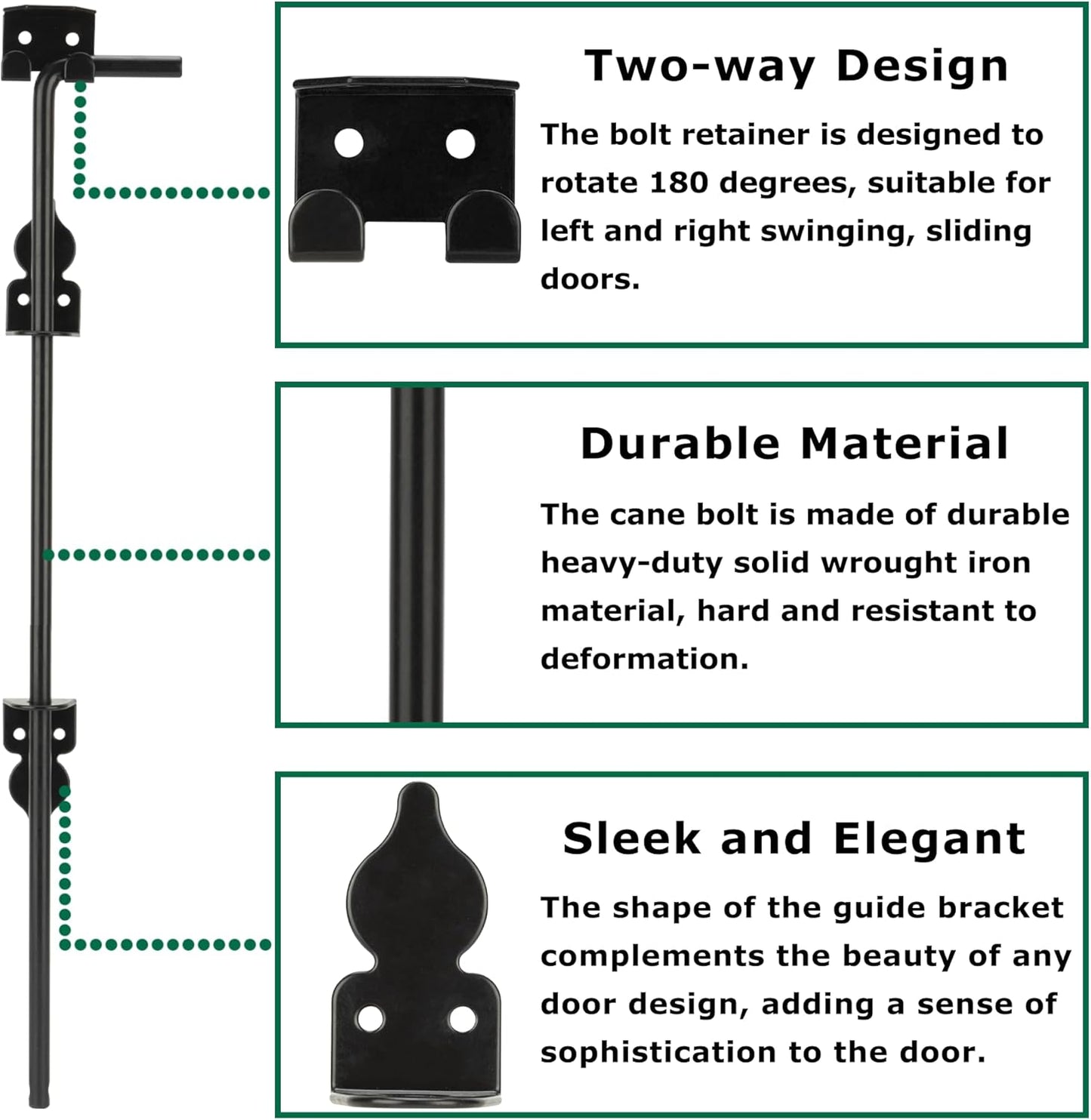 24" Heavy Duty Cane Bolt, Double Gate Latch with Black Finish, 2 Way Gate Drop Rod for Wood PVC Vinyl Metal Fences Gates Double Doors-2 Pack