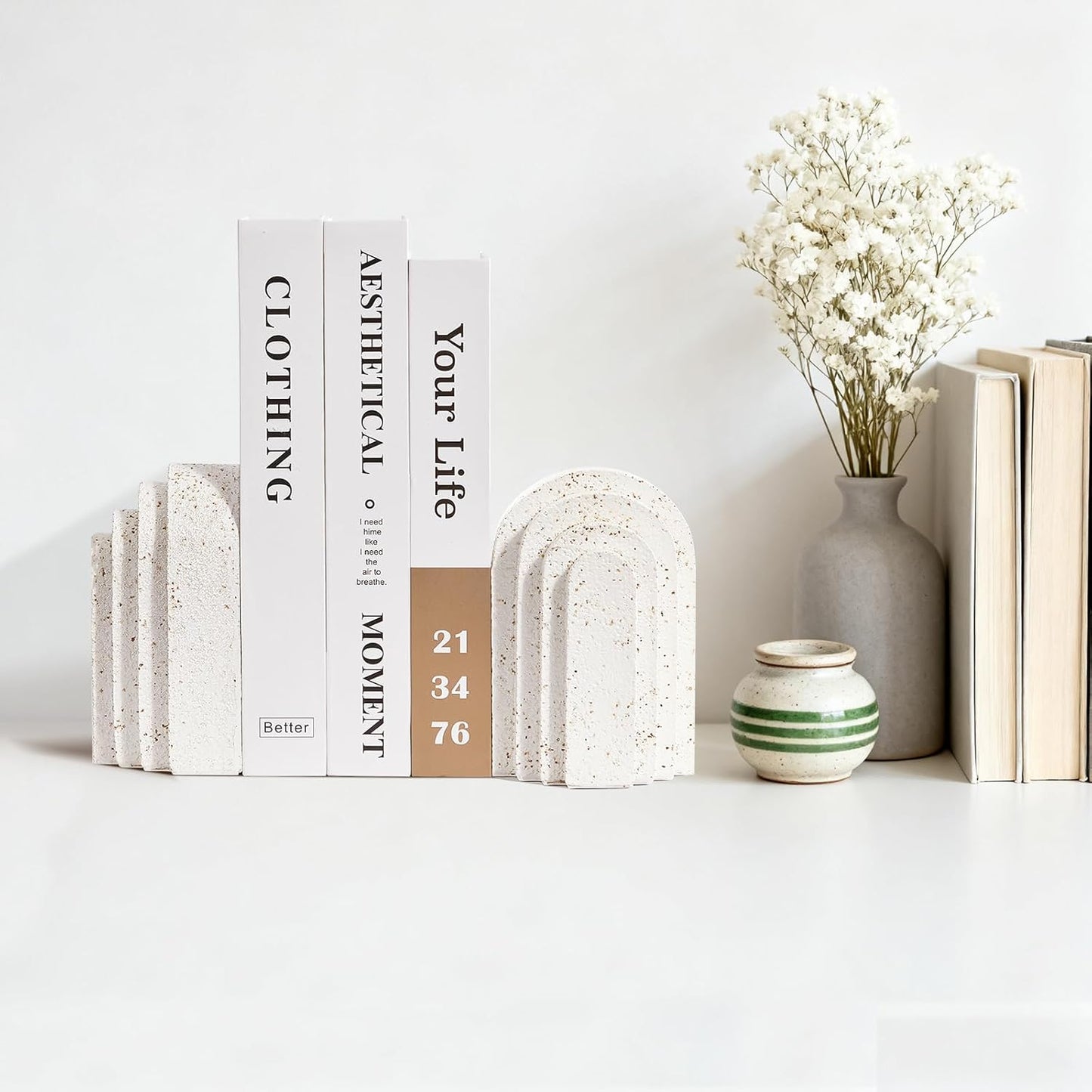 Heavy Duty Book Ends for Shelves Set of 2, Morden Decorative Bookends for Heavy Book, Aesthetic Resin Decor Book Stoppers, White Book End for Home Office Decorative