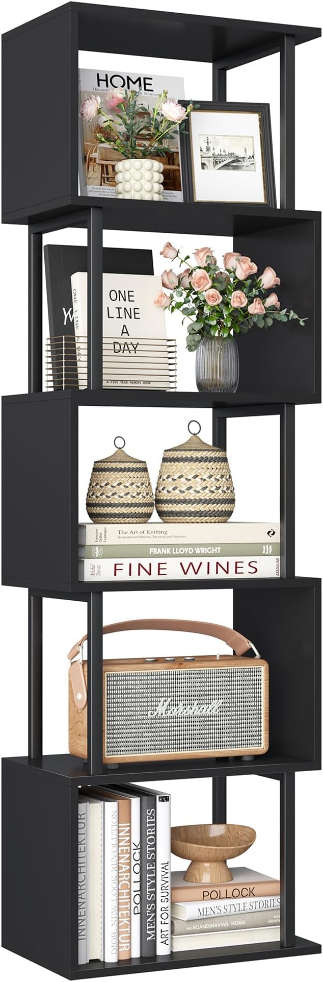 Yusong Bookshelf 5-Tier, Geometric Bookcase S Shaped Book Shelves by Yusong