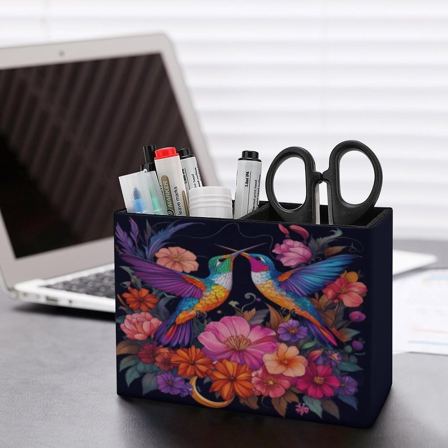Hummingbirds And Flower Lether Pen Holder for Desk Makeup Brush Holder Office Organizer Desk Accessory for School Office