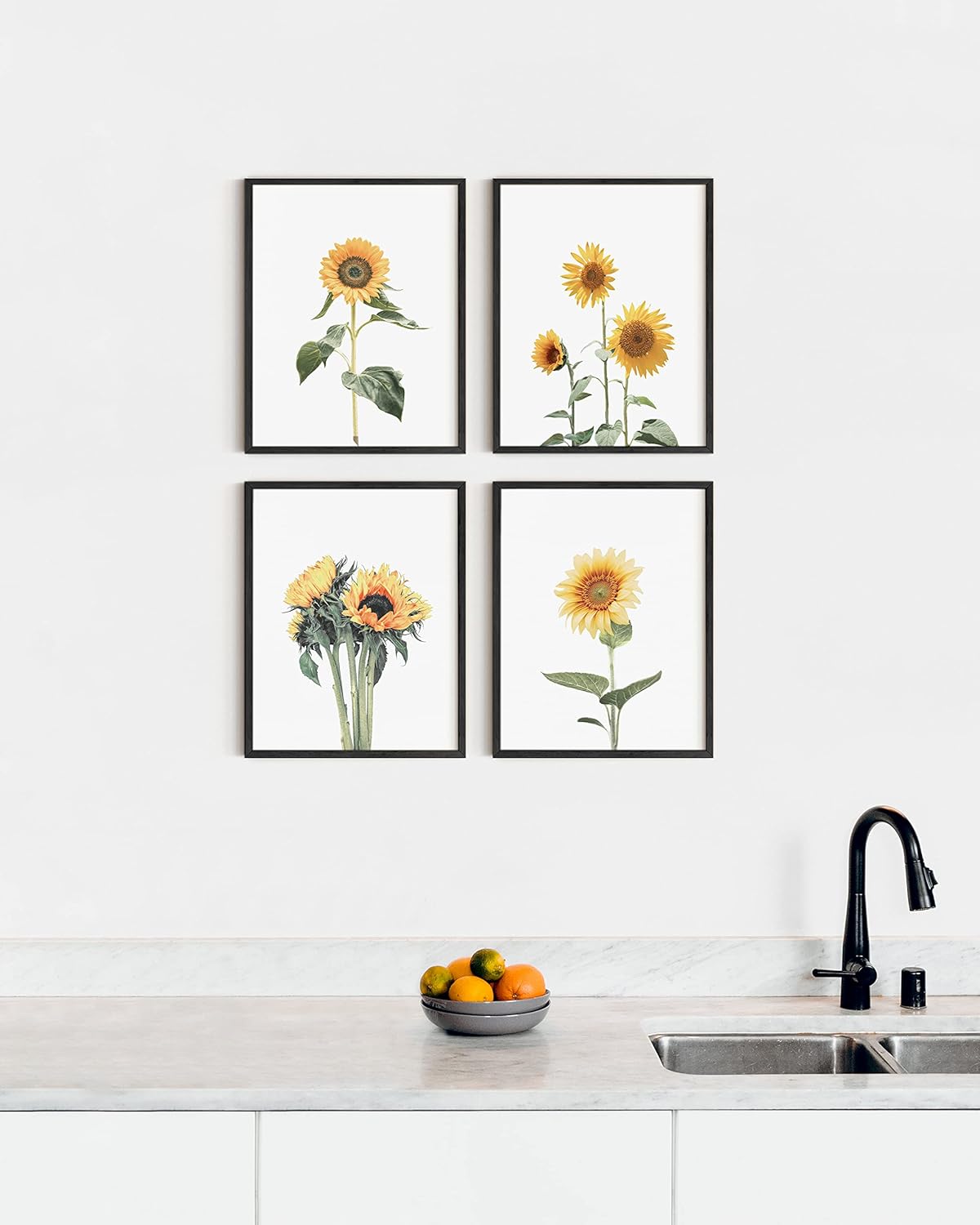 HAUS AND HUES Sunflower Posters - Set of 4, Floral Bedroom Decor, Sunflower Paintings for Wall, Yellow Kitchen Art (8x10, Black Frame)