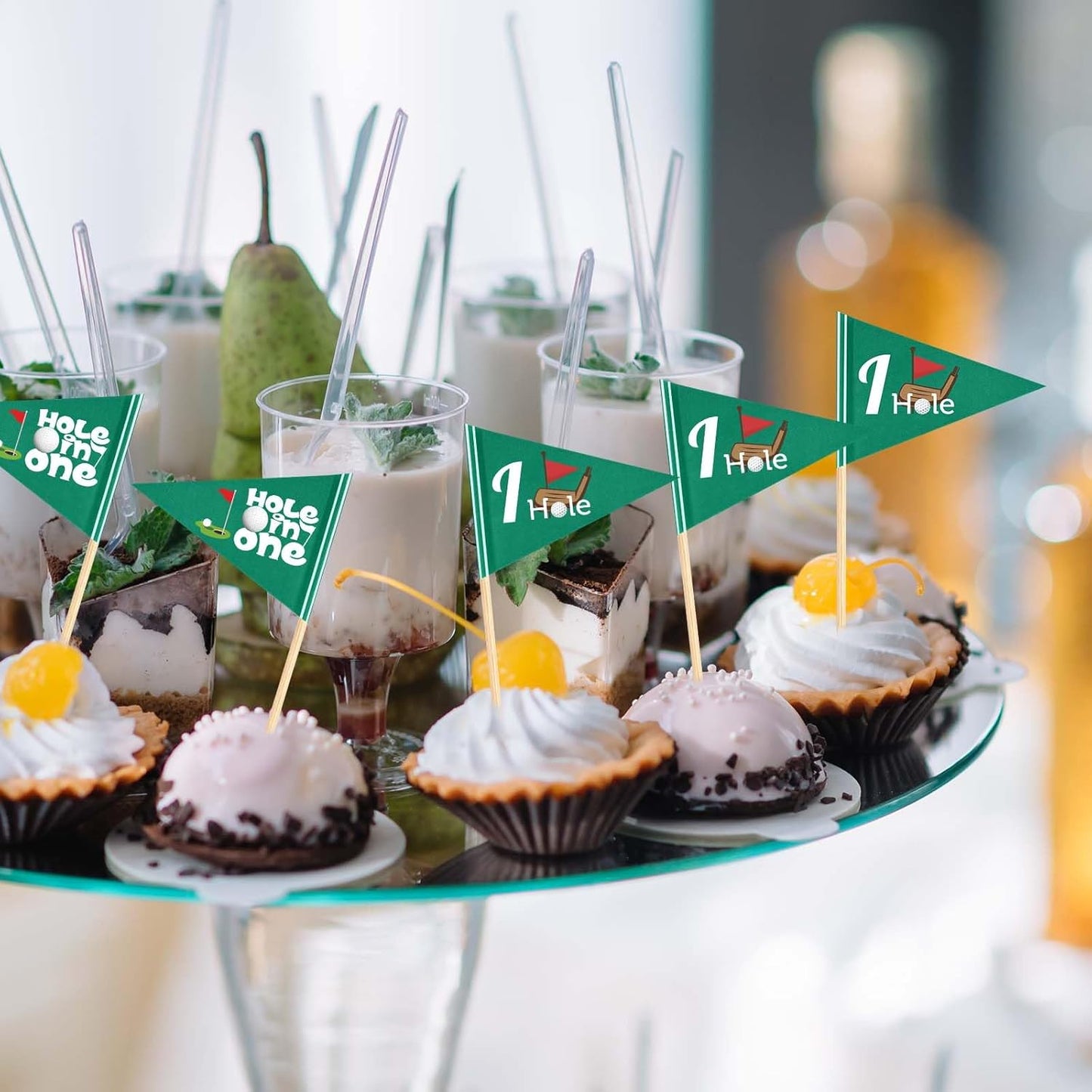 100 Pcs Golf Themed Toothpick Flags Hole in One Cupcake Toppers Birthday Decorations Green Mini Stick Cocktail Picks for Baby 1st Birthday Party Food Bar Decorations