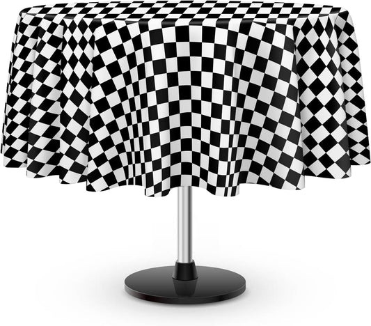 12 Pack Black and White Checkered Tablecloth, Round Black Checkered Flag Plastic Table Cloths for Parties Disposable, 84x84 in Waterproof Race Car Tablecloth for Birthday Party Halloween Picnic School