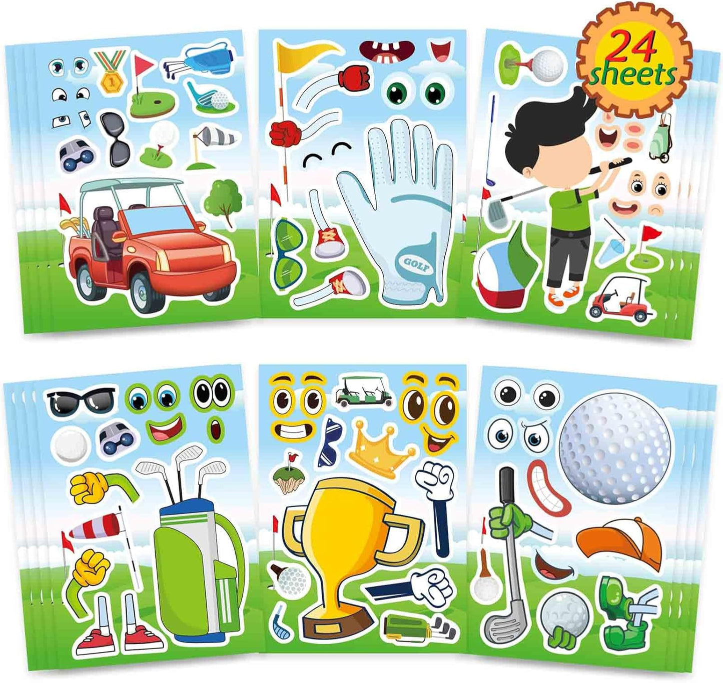 24 Sheets Make Your Own Golf Theme Stickers, Make-a-face Stickers Sport Sticker Party Favors Boys Girls Gifts Classroom School Supplies Decorations