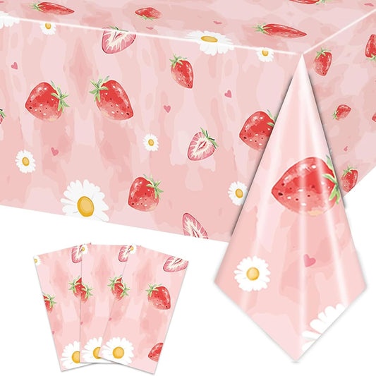 3PCS Strawberry Birthday Party Tablecloth for Girls Berry First Themed Happy 1st 2nd Birthday Decorations Fruit Party Supplies Table Cover-54x108IN