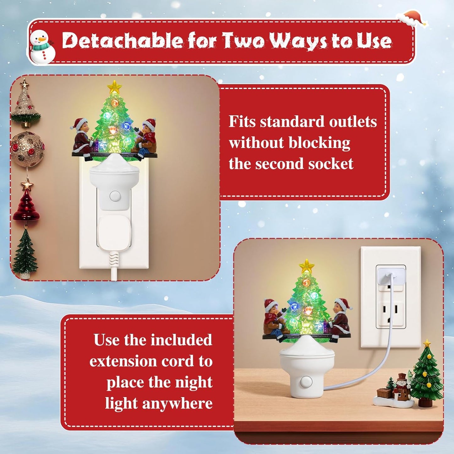 2 Pack Christmas Night Light Plug into Wall Nightlight with USB/Outlet Options, Christmas Tree Decorative Night Light for Bedroom Kitchen Nursery Holiday Decorations Gifts (Seesaw)