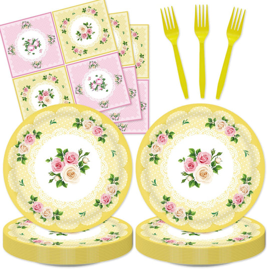 48Pcs Tea Party Decorations Floral Birthday Paper Plates and Napkins Forks Sets Supplies Serves 16 Pastel Tea Party Set Floral Paper Plates for Wedding Bridal Baby Shower Decorations