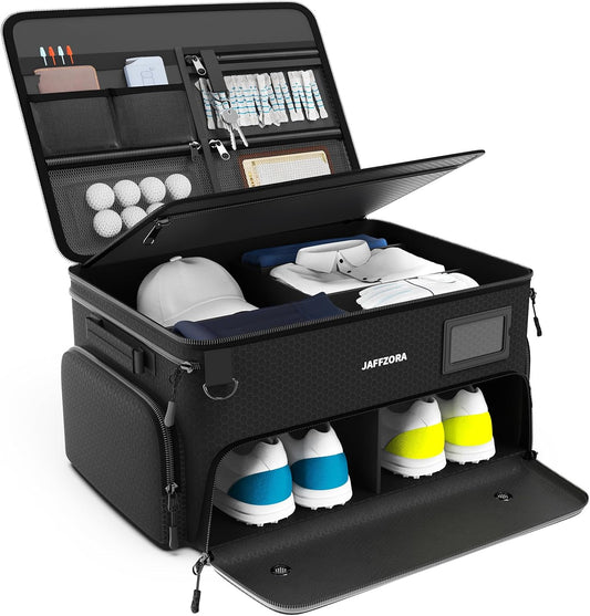 3-Layer Golf Trunk Organizer, Golfer Gifts for Men Women with Separate Ventilated Compartment for 2 Pairs Shoes, Waterproof Car Golf Locker Storage Bag for Golf Gear and Accessories,Black