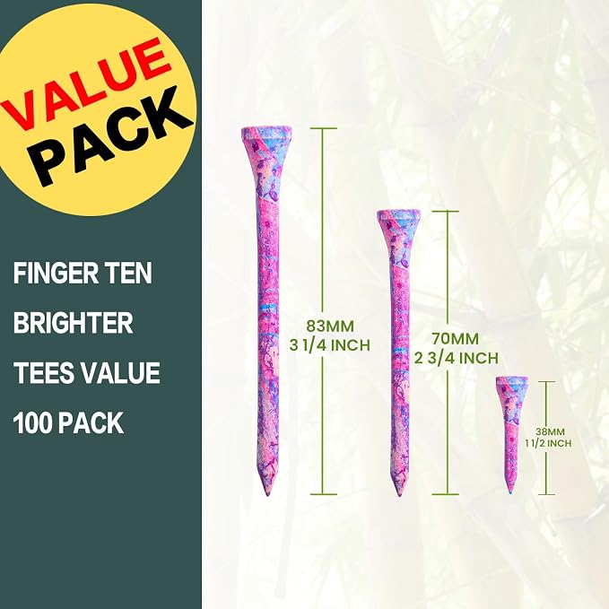 FINGER TEN Golf Tees Stylish Bamboo Wooden Coloured Painted Value 100 Pack - Image 2