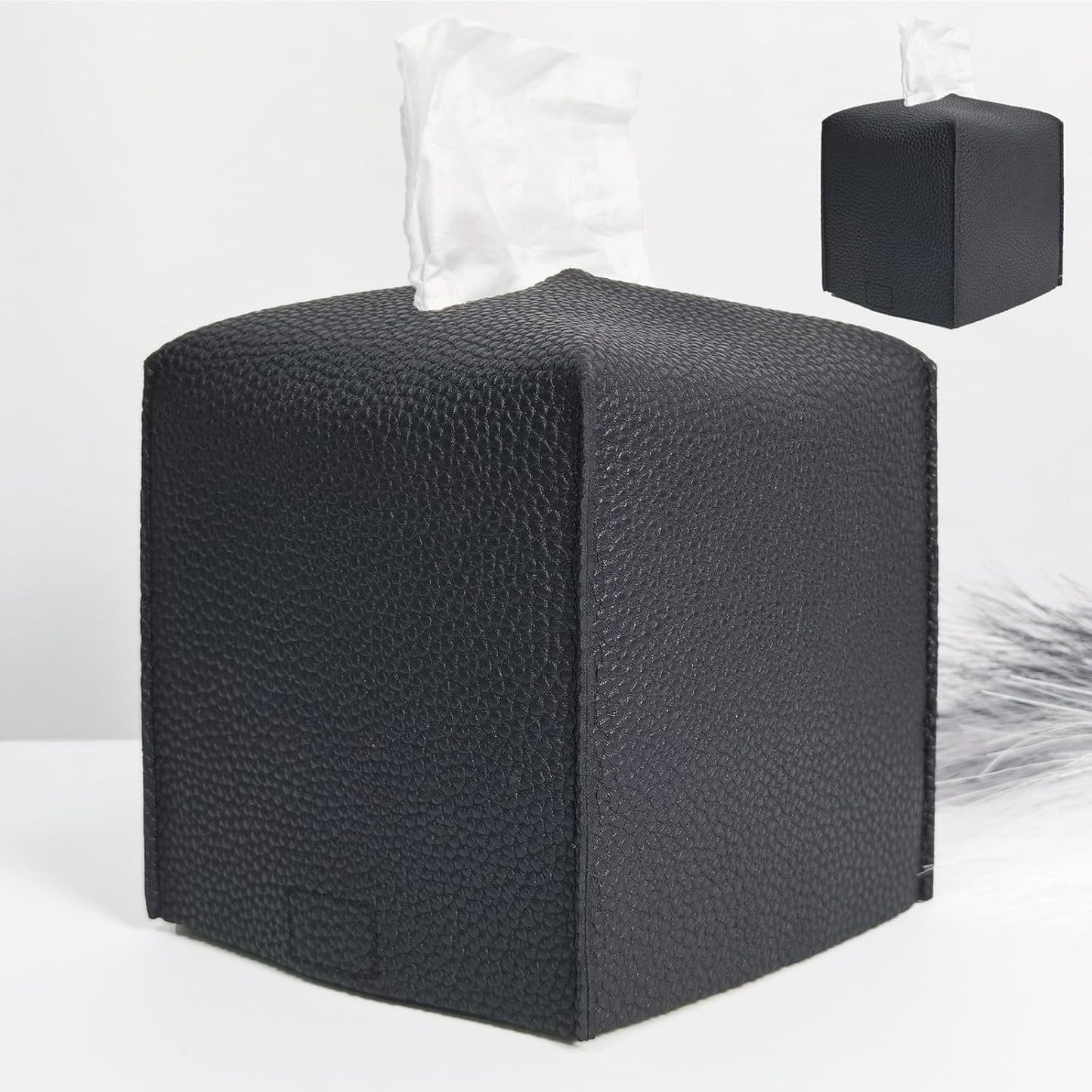 HOMOTEK 2 Pack Tissue Box Cover, Square PU Leather Tissue Holder, Decorative Facial Tissue Cube Paper Organizer Dispenser for Bathroom, Night Stands, Desk, Car 5X5X5'' - Matte Black, Pebble Grain