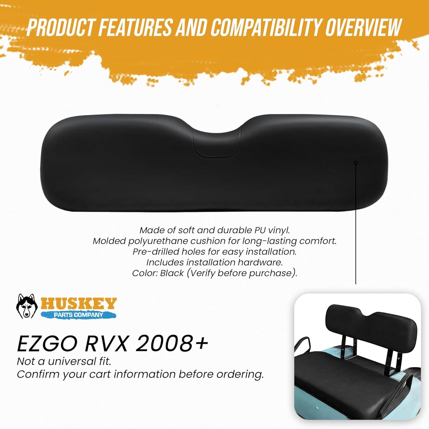 Huskey Parts Company Golf Cart Seat Cushion for Front Seat Lean Back, Black Color for EZGO RXV 2008+, Golf Cart Front Seat Replacement with Mounting Hardware
