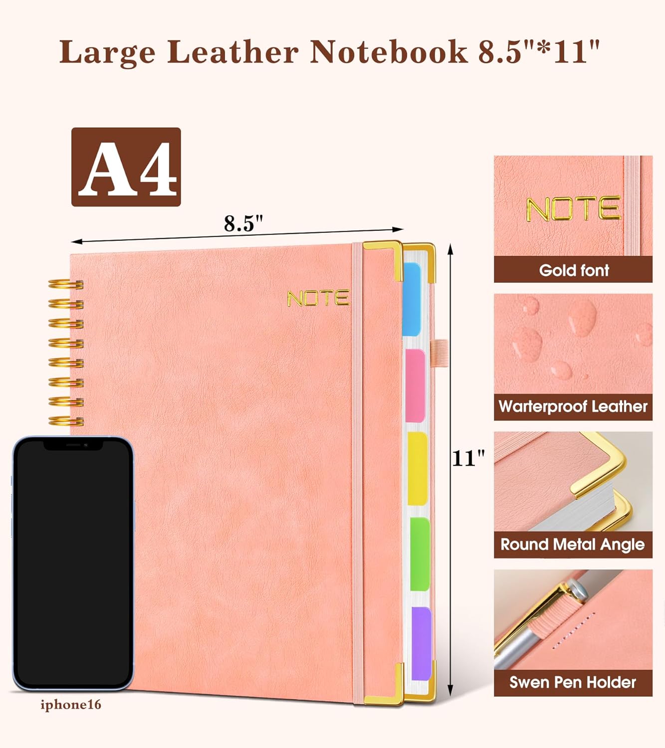Hardcover Large Spiral Notebook 8.5" x 11" with Removable Dividers Tabs, 300 pages Leather 5 Subject Notebook College Ruled, A4 Journal for Women Men, Notebooks for Work School Note taking, Pink
