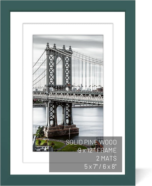 9x12 Picture Frames Solid Wood Display Pictures 6x8 or 5x7 with Mat or 9x12 Frame without Mat Poster Photo Frame Art with 2 Mats for Wall Mounting or Table Top(Dark Green)