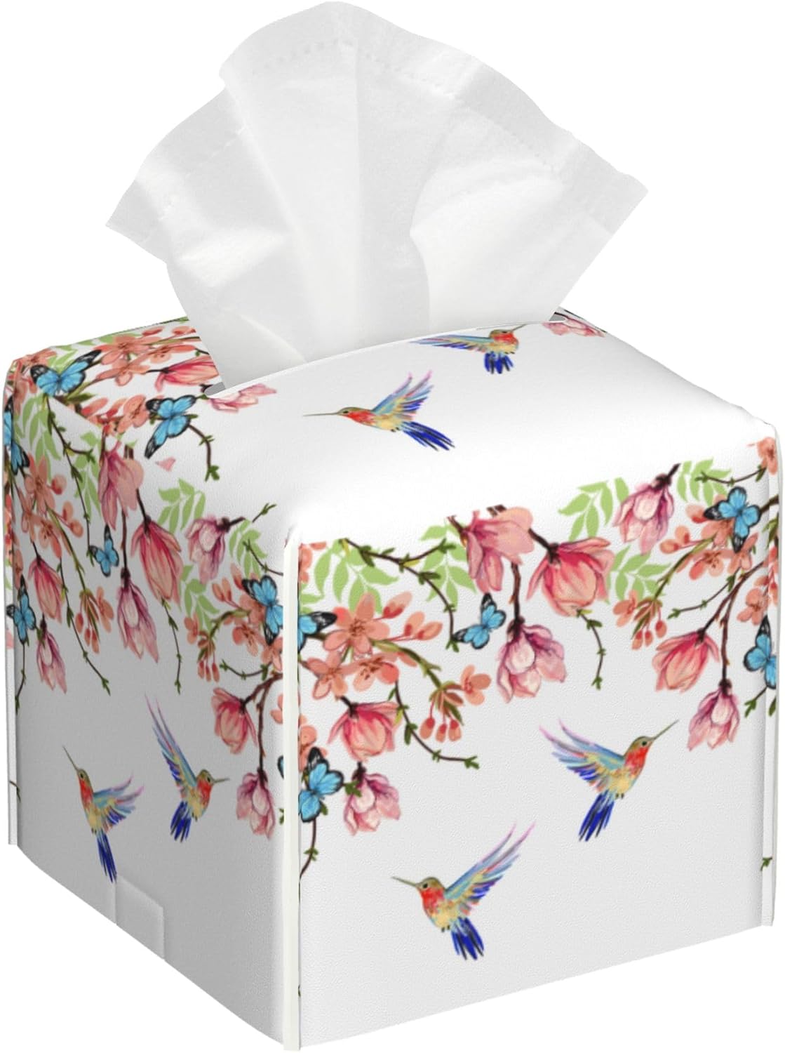Hummingbird and Flowers Tissue Box Cover Square,Pink Floral Bird Butterfly Tissue Box Holder Waterproof Leather Facial Paper Organizer Dispenser for Bathroom Home Car Nightstand Vanity Desk