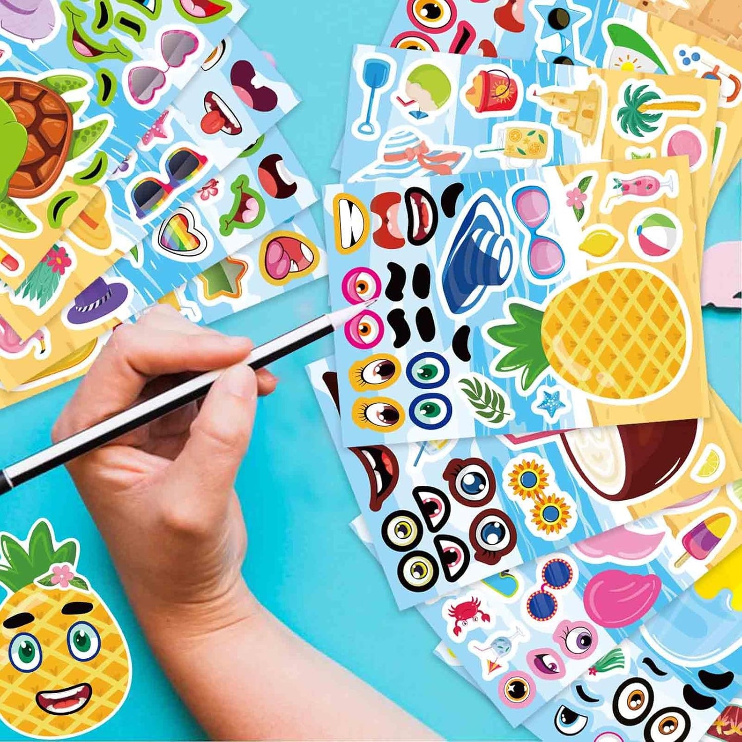 24 Sheets Summer Stickers for Kids, Make a Face Sticker Hawaii Tropical Pool Beach Stickers, Make Your Own Watermelon Pineapple Flamingo Sticker for Tropical Luau Party, Summer Holiday Party Favors