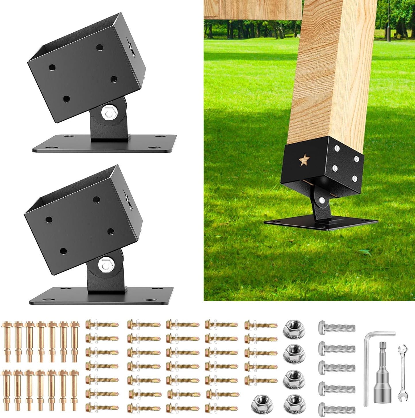 Heavy Duty Swing Set Brackets (4-Pack), 201 Stainless Steel Base for 4x4 Wood Posts (Fits 3.5"x3.5"), Includes Leveling Blocks & Hardware, Ground Anchor for Enhanced Stability & Wood Protection
