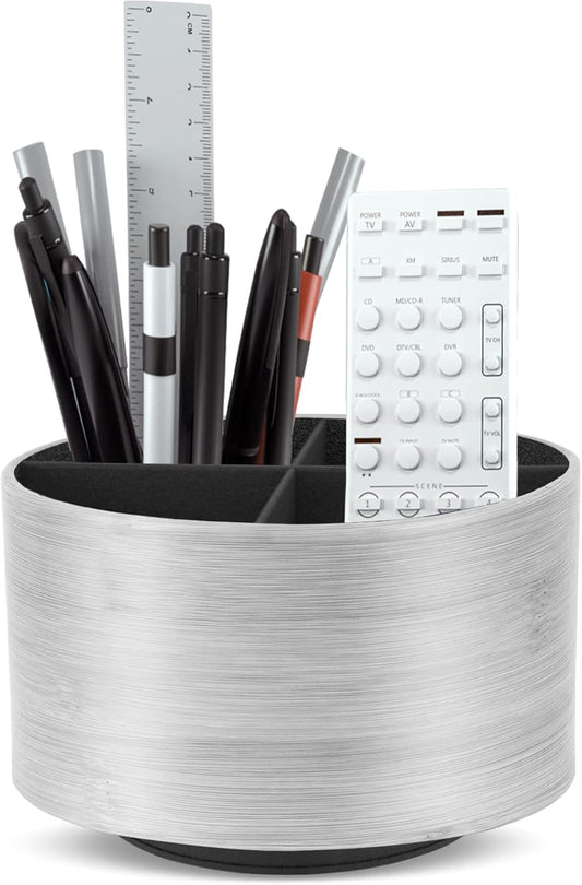 Hennaja Round Leather Art Supply Organizer,Remote Control Holder,360 Degree Spinning,Multi-Functional Pencil Holder,4 Compartments Desktop Stationary Organizer(1-Light Grey2)