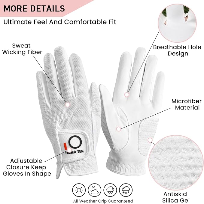 FINGER TEN Womens Golf Glove Right Handed Golfer Left Hand Rain Grip Hot Wet - Image 2