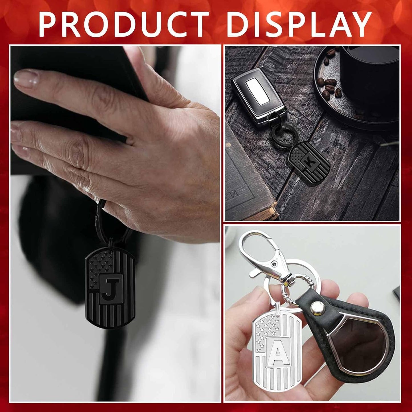 Initial Keychain Gifts for Men,A-Z Letter American Flag Dog Tag Stainless Steel Keychain,Mens Accessories Gift