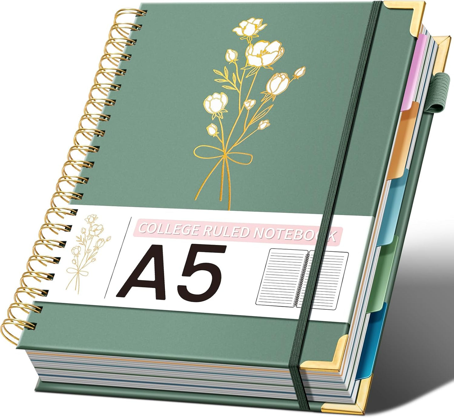 Hardcover Spiral Notebooks 6.1" X 8.4" Note Taking 5 Subject Notebook College Ruled with Dividers 240 Pages 100GSM Aesthetic Spiral Notebook for Work School Cute Journals for Women Writing, Green