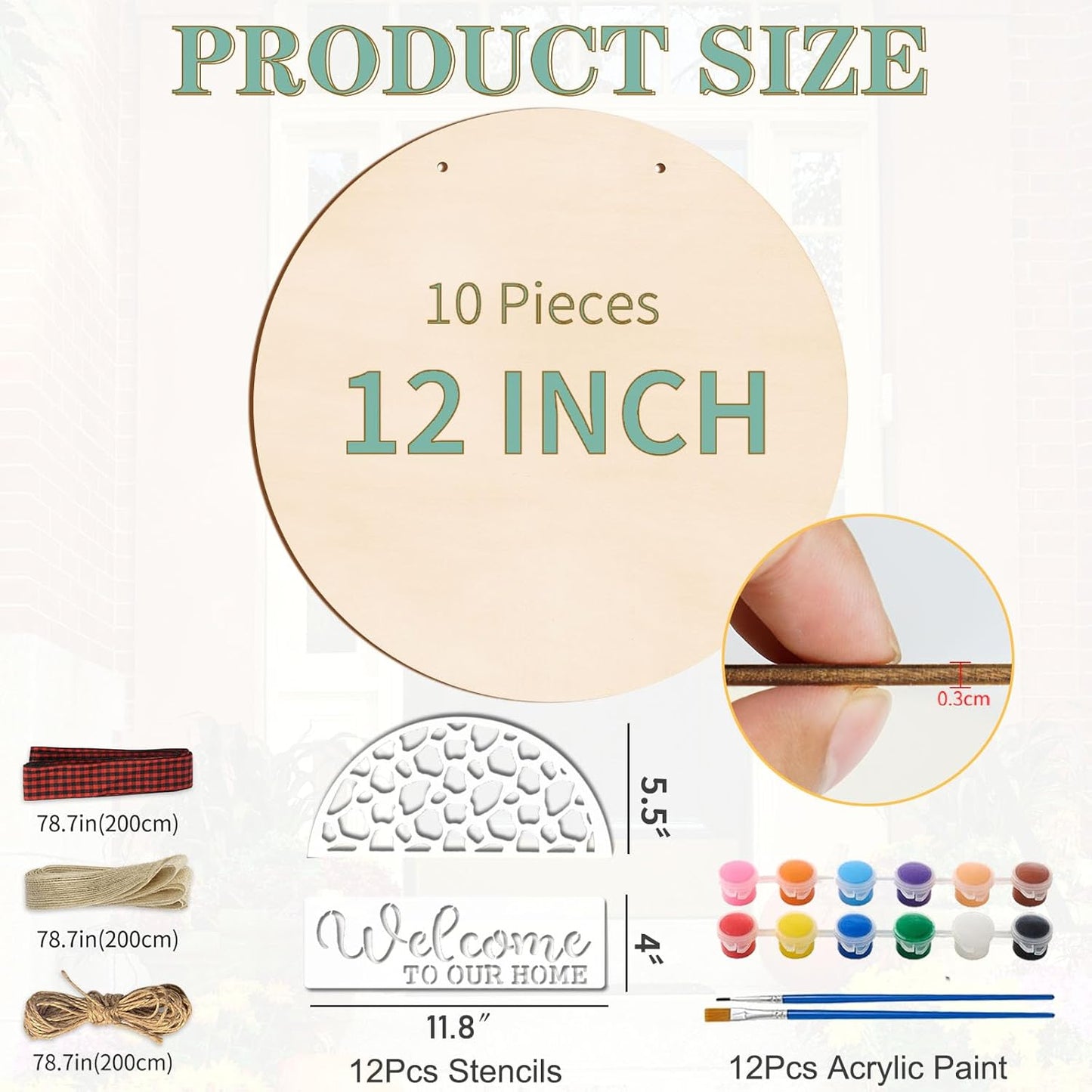 12 Inch Wood Circles for Crafts, 10Pcs Unfinished Wood Rounds with 12Pcs Welcome Stencils & 12Pcs Painting, DIY Wooden Crafts for Door Hanger, Wood Burning, Painting, Christmas Thanksgiving Day Decor