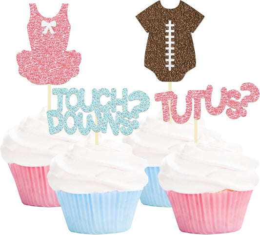 24 Pack Glitter Football Gender Reveal Tutus or Touchdowns Cupcake Toppers Picks Boy or Girl Rugby Birthday Cake Toppers for Gender Reveal Baby Shower Birthday Party Decorations (Tutus or Touchdowns)