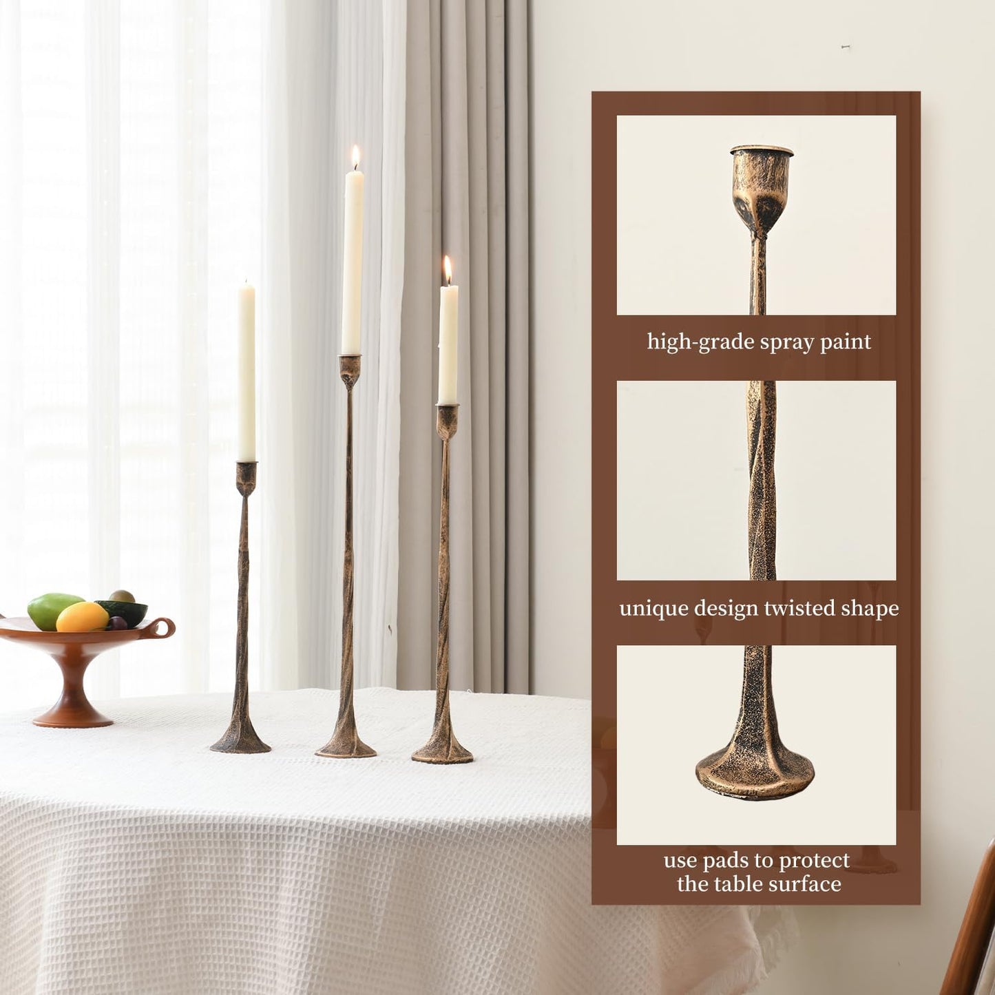 Iron Antique Gold Candlestick Holders, Set of 3 Candle Stick Holders,Fits 3/4 inch Thick Candle&Led Candles, Vintage Modern Decorative Centerpiece for Dining Table Centerpiece, Wedding, Party Decor